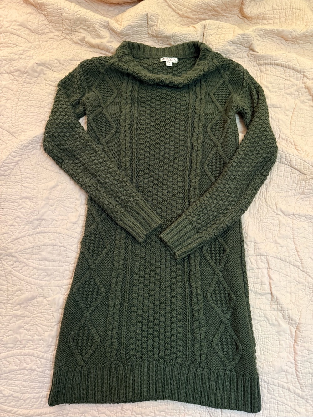 Adrienne Vittadini Dark Olive Cable-Knit Turtleneck Sweater Dress